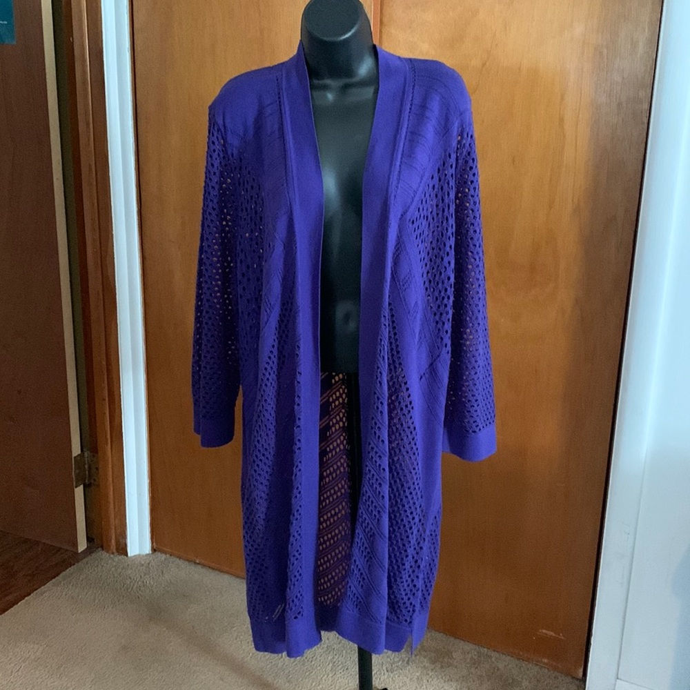 Kasper long open front royal purple cardigan. Size L